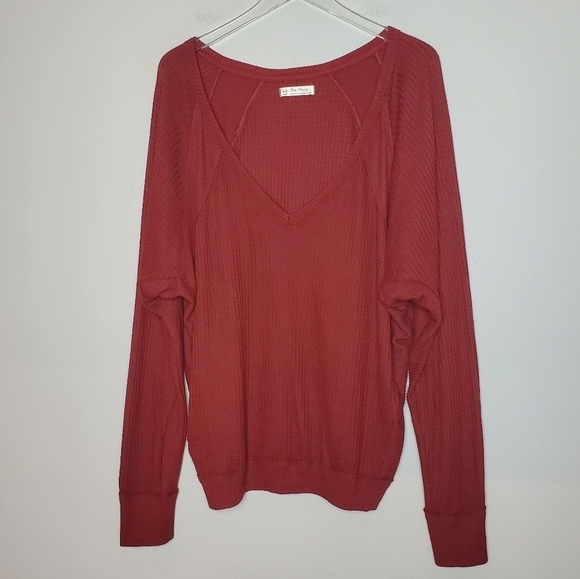 Free People Boho Waffle Knit V-Neck Oversized Top Size Large - Picture 2 of 8